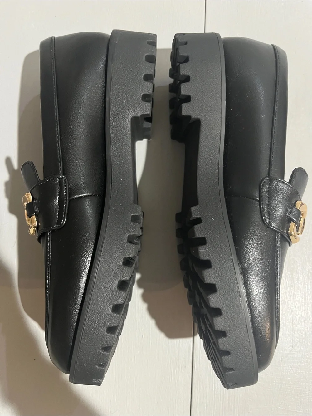 Black Platform Loafers with Gold Hardware
